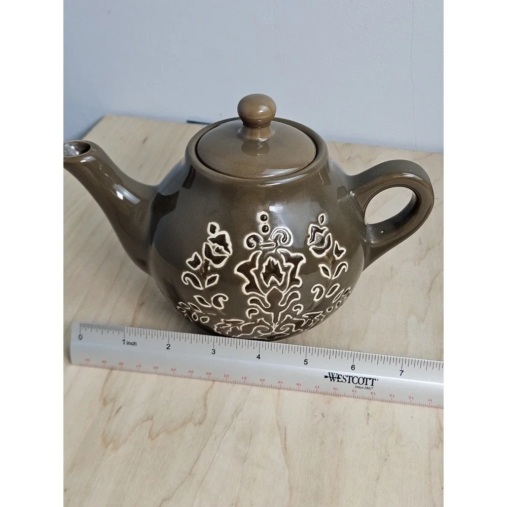 FSG Ceramic Teapot Tea Set 4 Pc Brown Floral Teapot 3 Cups Infuser EUC